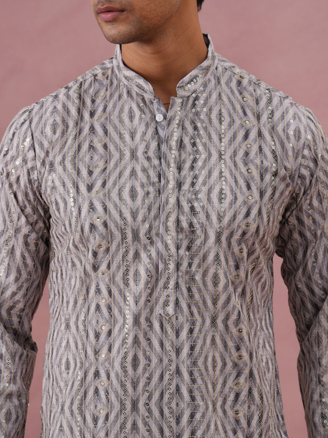 Grey Geometric Print & Sequin Kurta Set (65KP P 5379 Grey ) [FF] [A-1-4]
