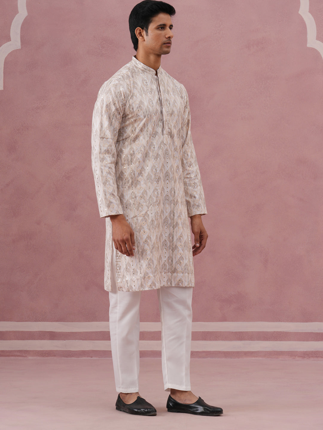 Peach Geometric Print & Sequin Kurta Set ( 65KP P 5379 P 5379Peach ) [FF] [A-1-4]