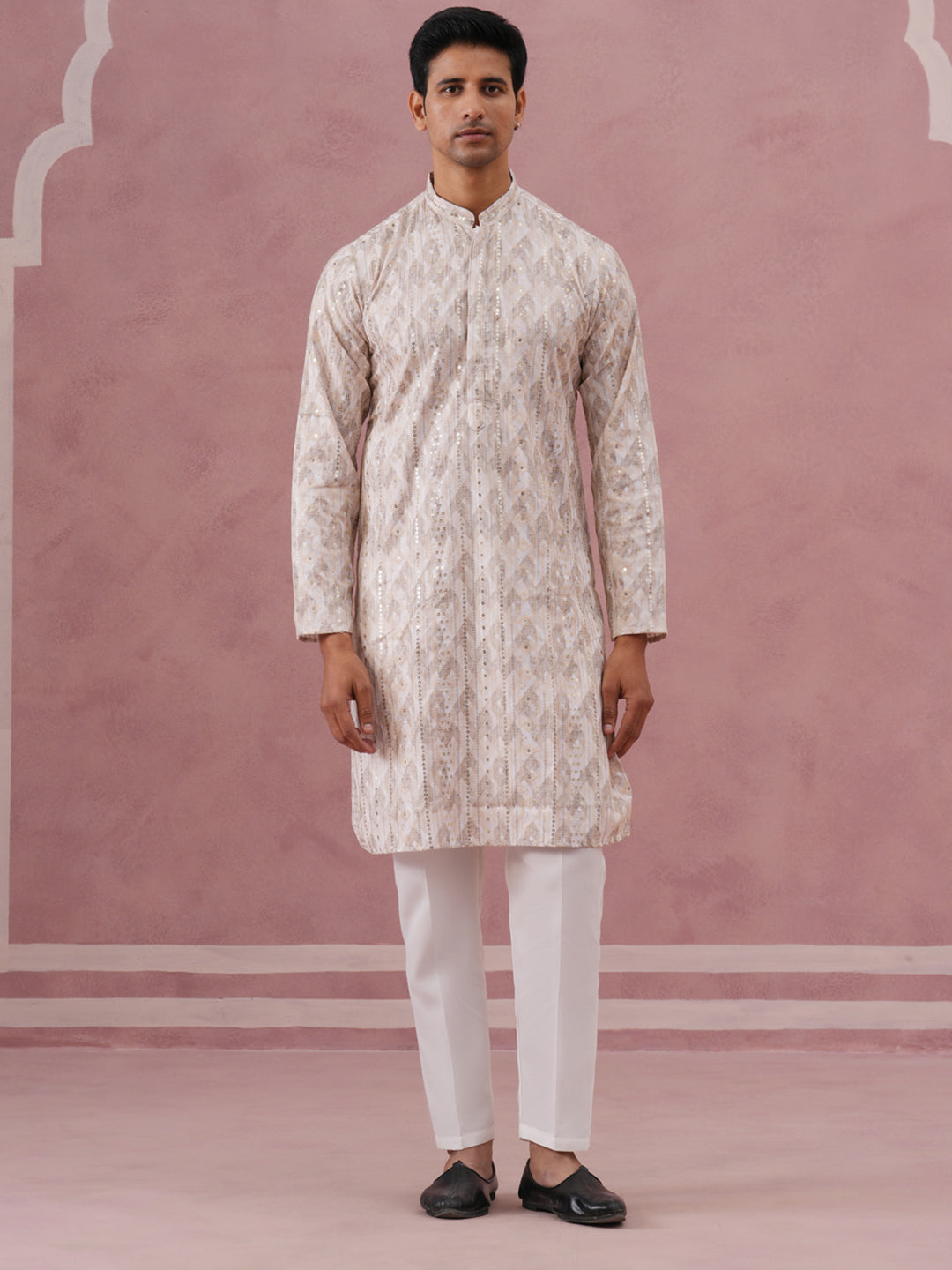 Peach Geometric Print & Sequin Kurta Set ( 65KP P 5379 P 5379Peach ) [FF] [A-1-4]