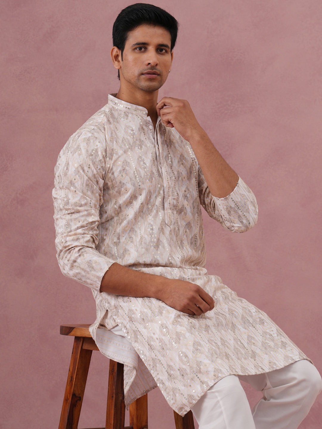 Peach Geometric Print & Sequin Kurta Set ( 65KP P 5379 P 5379Peach ) [FF] [A-1-4]