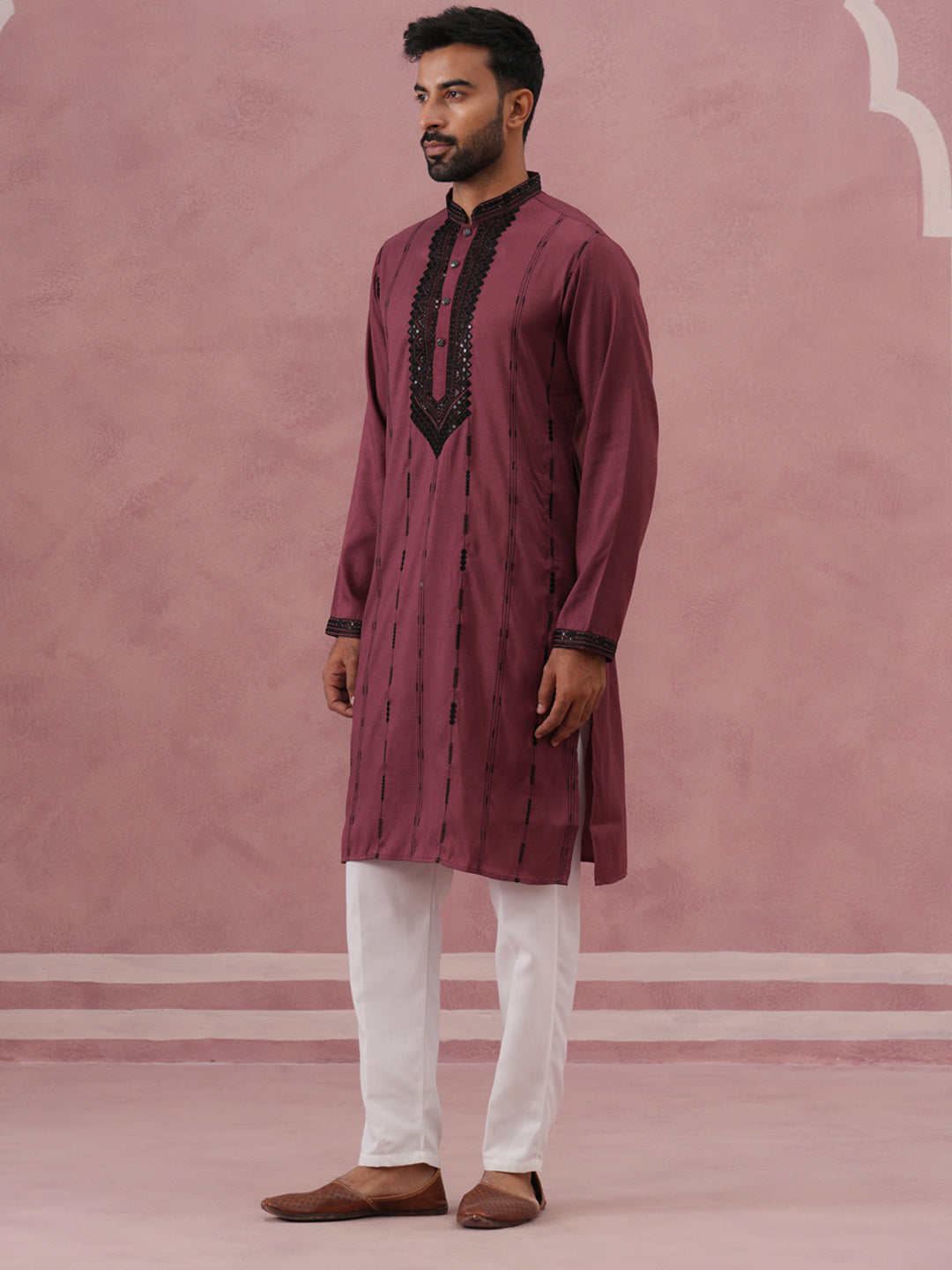 Wine Silk Blend Kurta Set with Black Geometric Embroidery ( 65KP P 5380 P 5380Maroon ) [FF] [P-5]