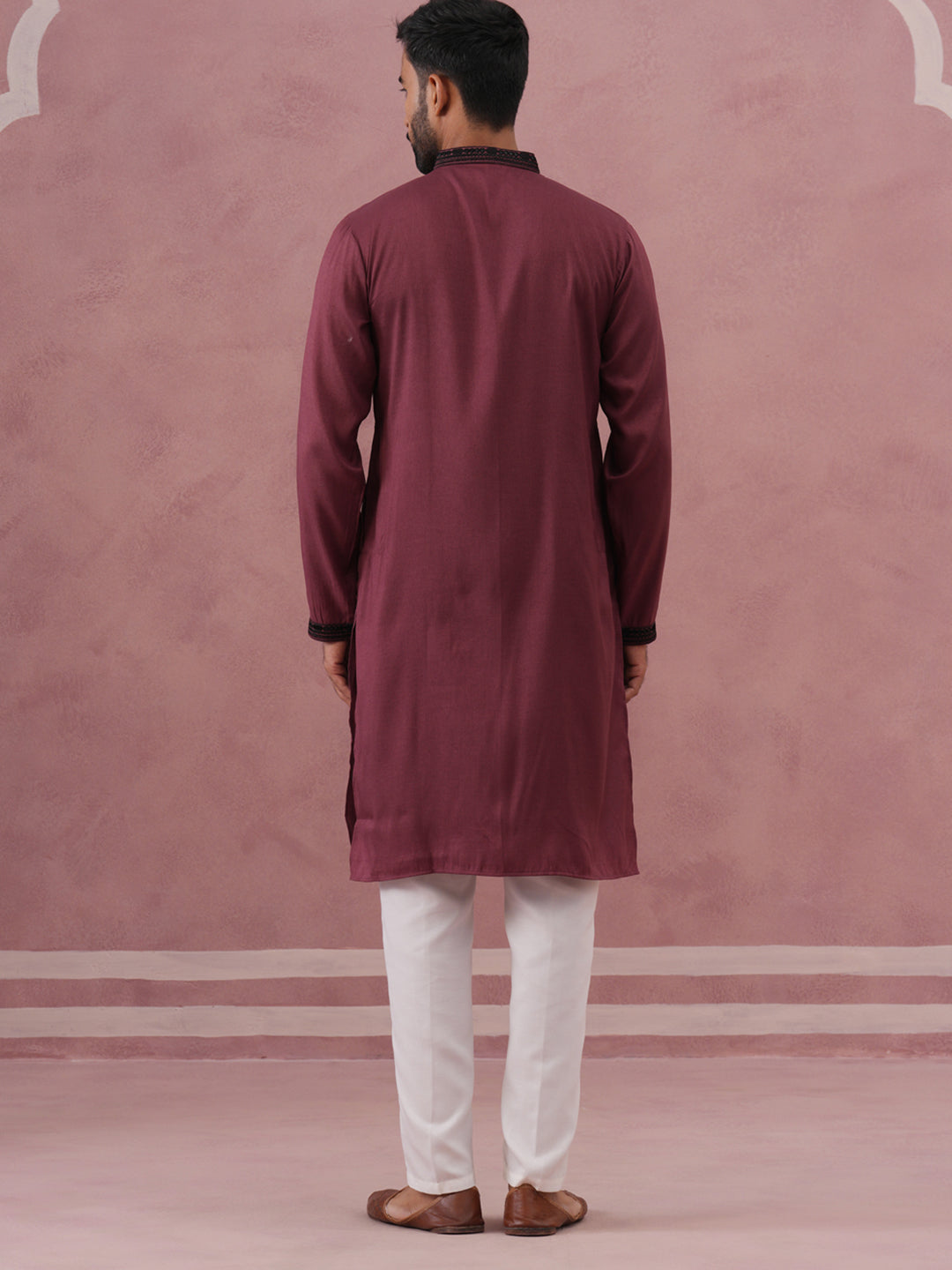 Wine Silk Blend Kurta Set with Black Geometric Embroidery ( 65KP P 5380 P 5380Maroon ) [FF] [P-5]