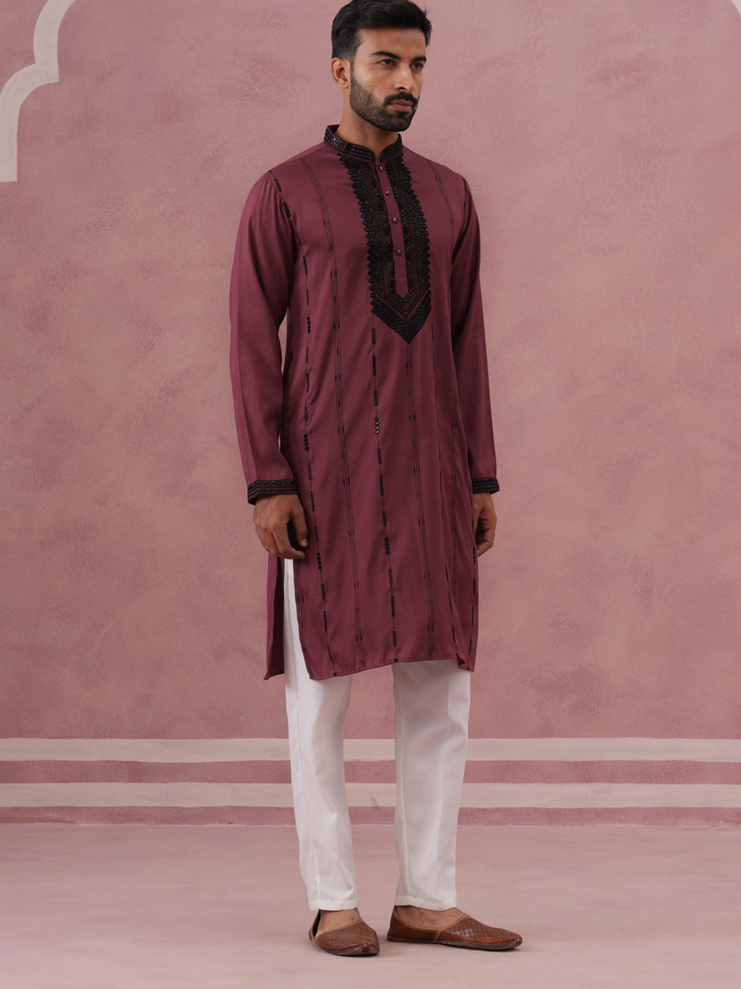 Wine Silk Blend Kurta Set with Black Geometric Embroidery ( 65KP P 5380 P 5380Maroon ) [FF] [P-5]