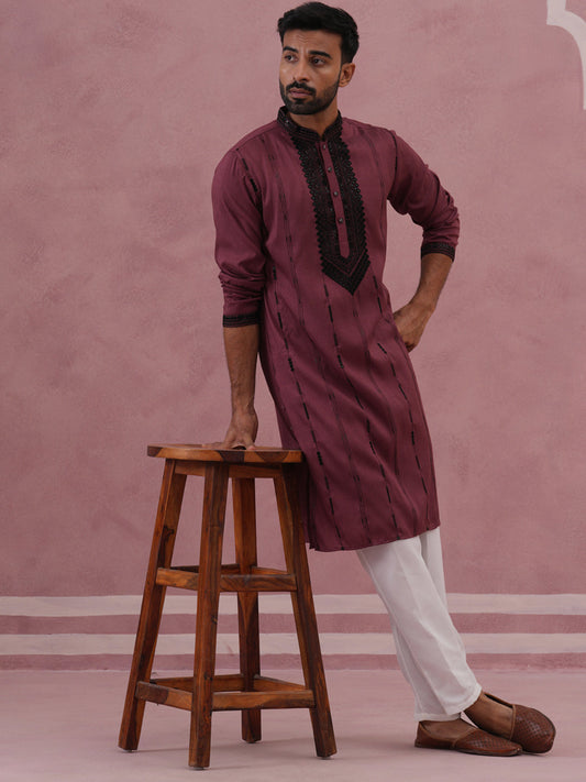 Wine Silk Blend Kurta Set with Black Geometric Embroidery ( 65KP P 5380 P 5380Maroon ) [FF] [P-5]
