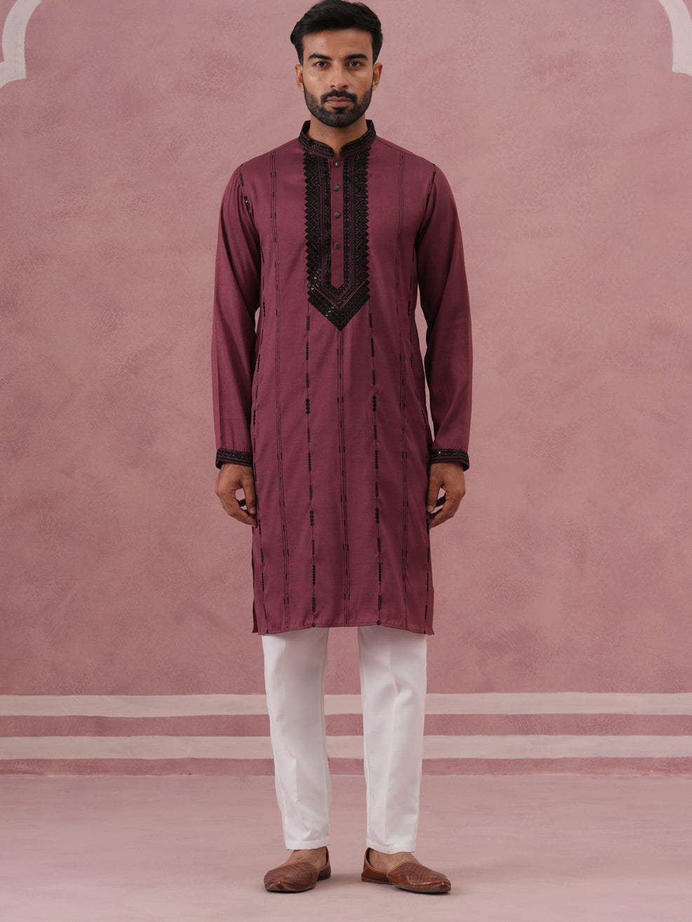 Wine Silk Blend Kurta Set with Black Geometric Embroidery ( 65KP P 5380 P 5380Maroon ) [FF] [P-5]