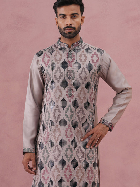 Grey Silk Blend Geometric Embroidered Kurta Set (65KP P 5381 Grey ) [FF] [B-1-2]