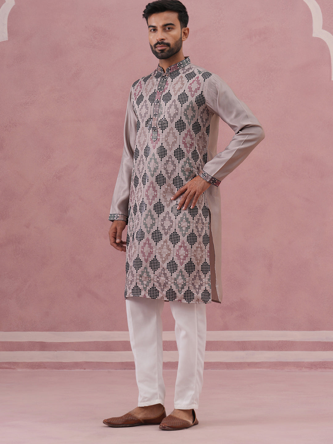 Grey Silk Blend Geometric Embroidered Kurta Set (65KP P 5381 Grey ) [FF] [B-1-2]