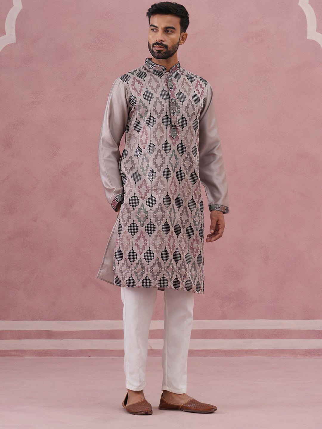 Grey Silk Blend Geometric Embroidered Kurta Set (65KP P 5381 Grey ) [FF] [B-1-2]