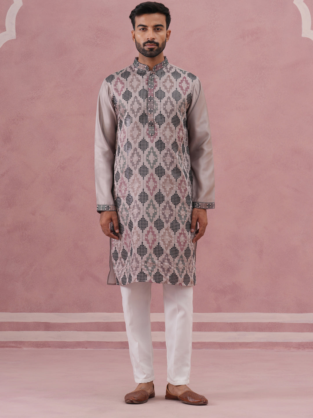 Grey Silk Blend Geometric Embroidered Kurta Set (65KP P 5381 Grey ) [FF] [B-1-2]