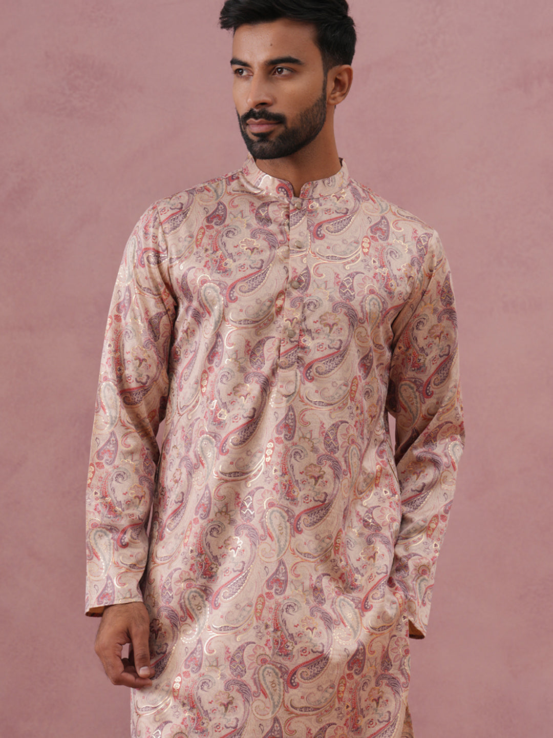 Paisley Foil Printed Silk Blend Kurta Set ( 65KP P 5383 P 5383Cream ) [FF] [A-1-4]