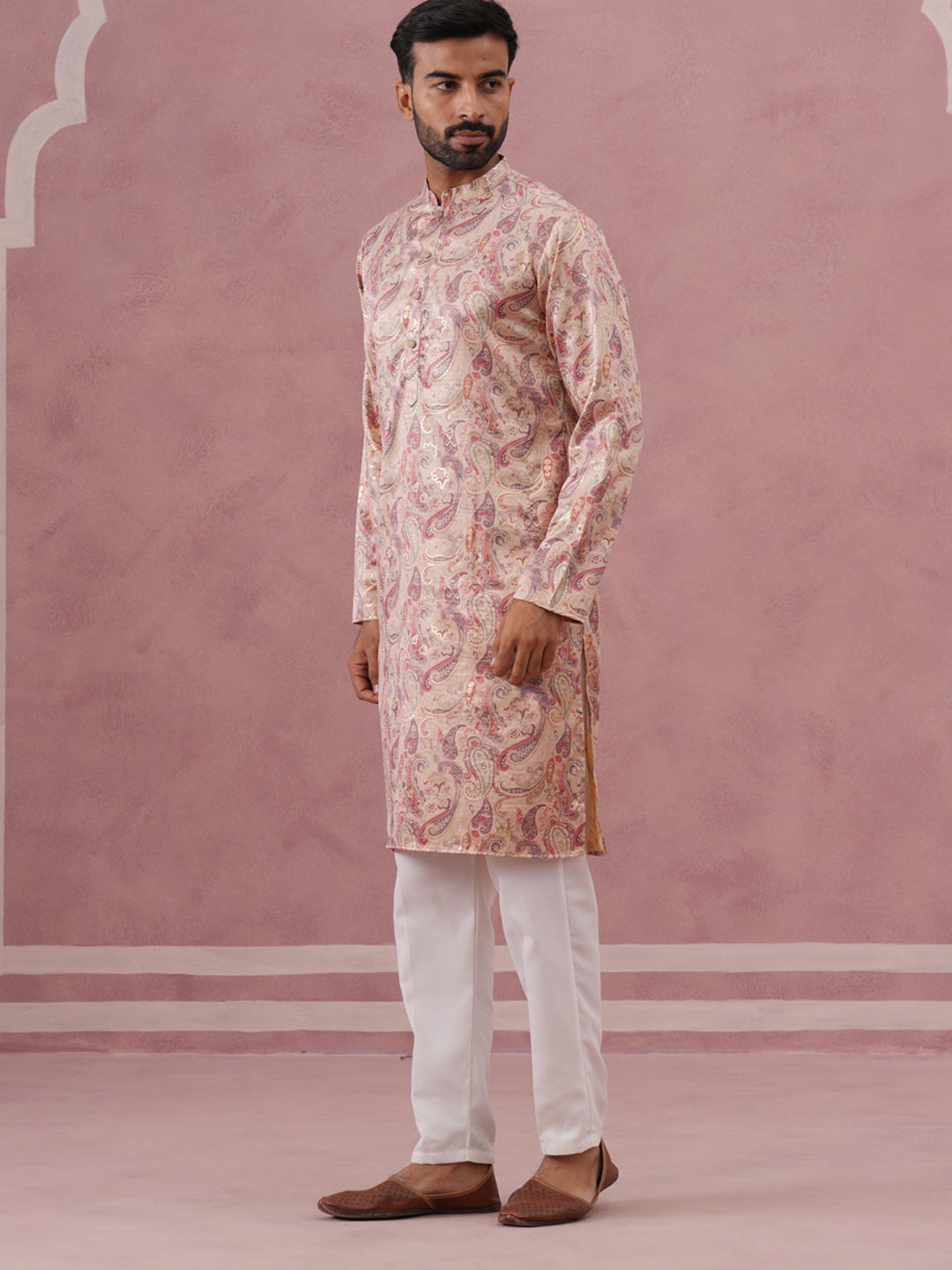 Paisley Foil Printed Silk Blend Kurta Set ( 65KP P 5383 P 5383Cream ) [FF] [A-1-4]