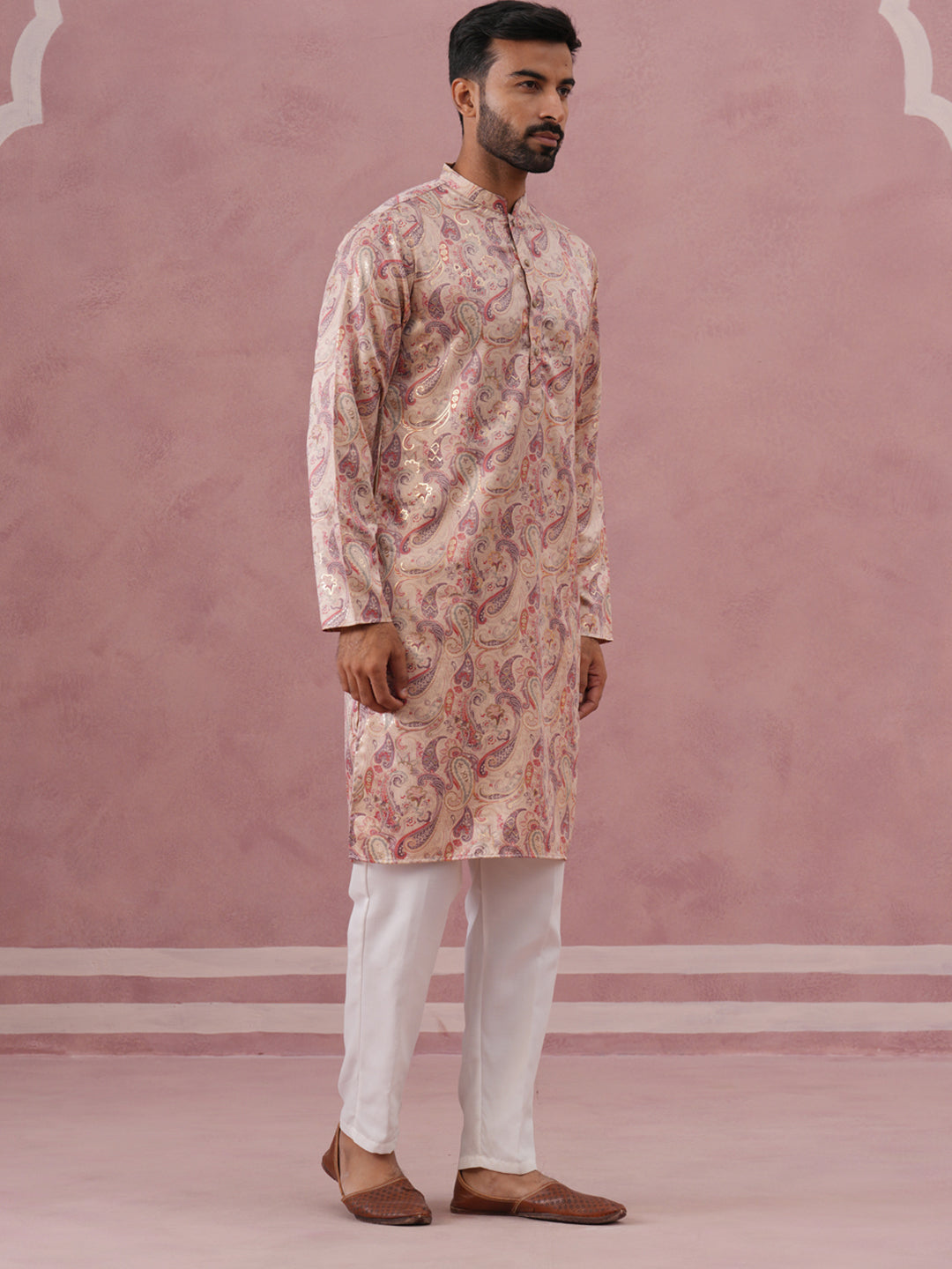 Paisley Foil Printed Silk Blend Kurta Set ( 65KP P 5383 P 5383Cream ) [FF] [A-1-4]