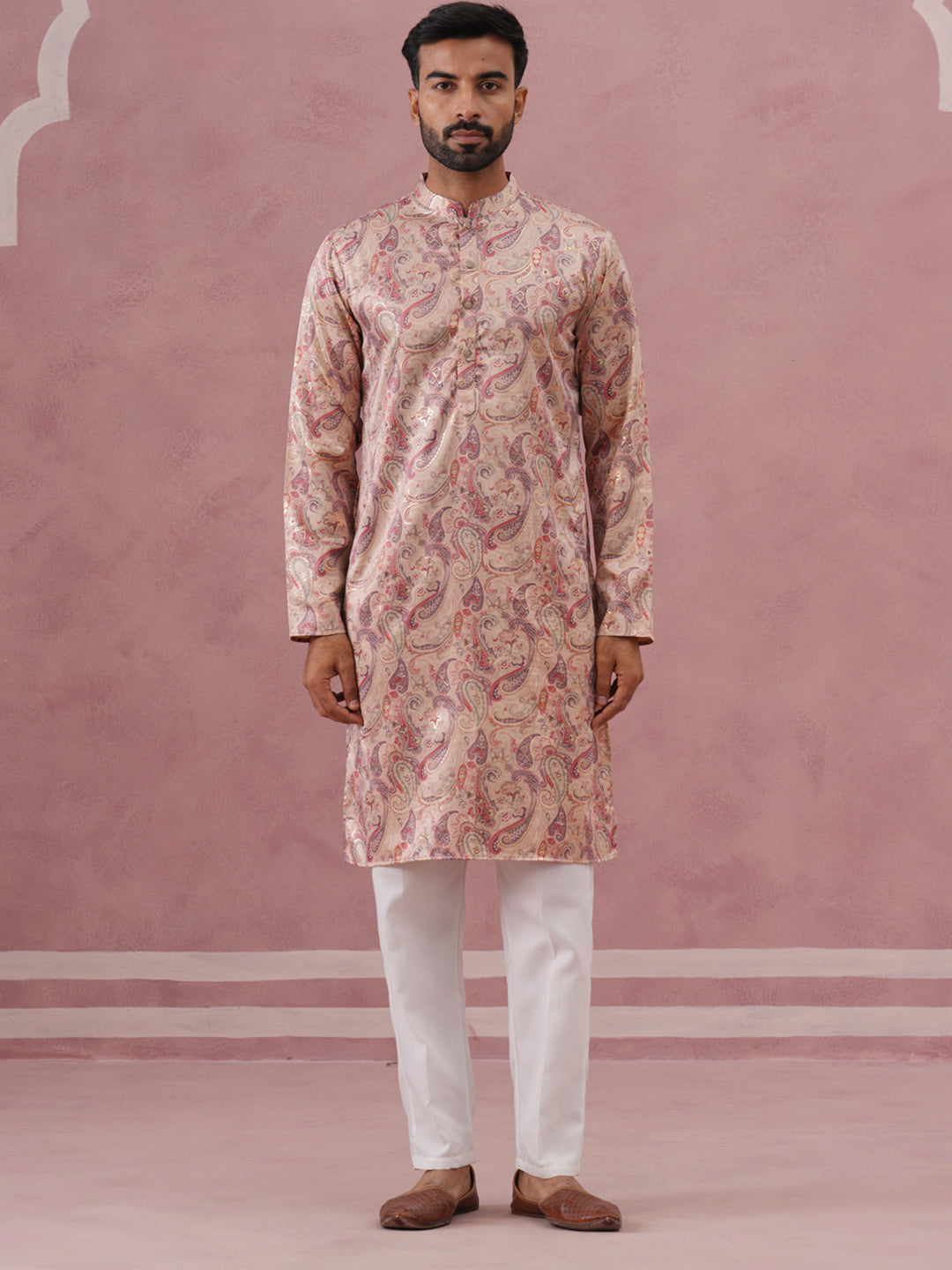 Paisley Foil Printed Silk Blend Kurta Set ( 65KP P 5383 P 5383Cream ) [FF] [A-1-4]