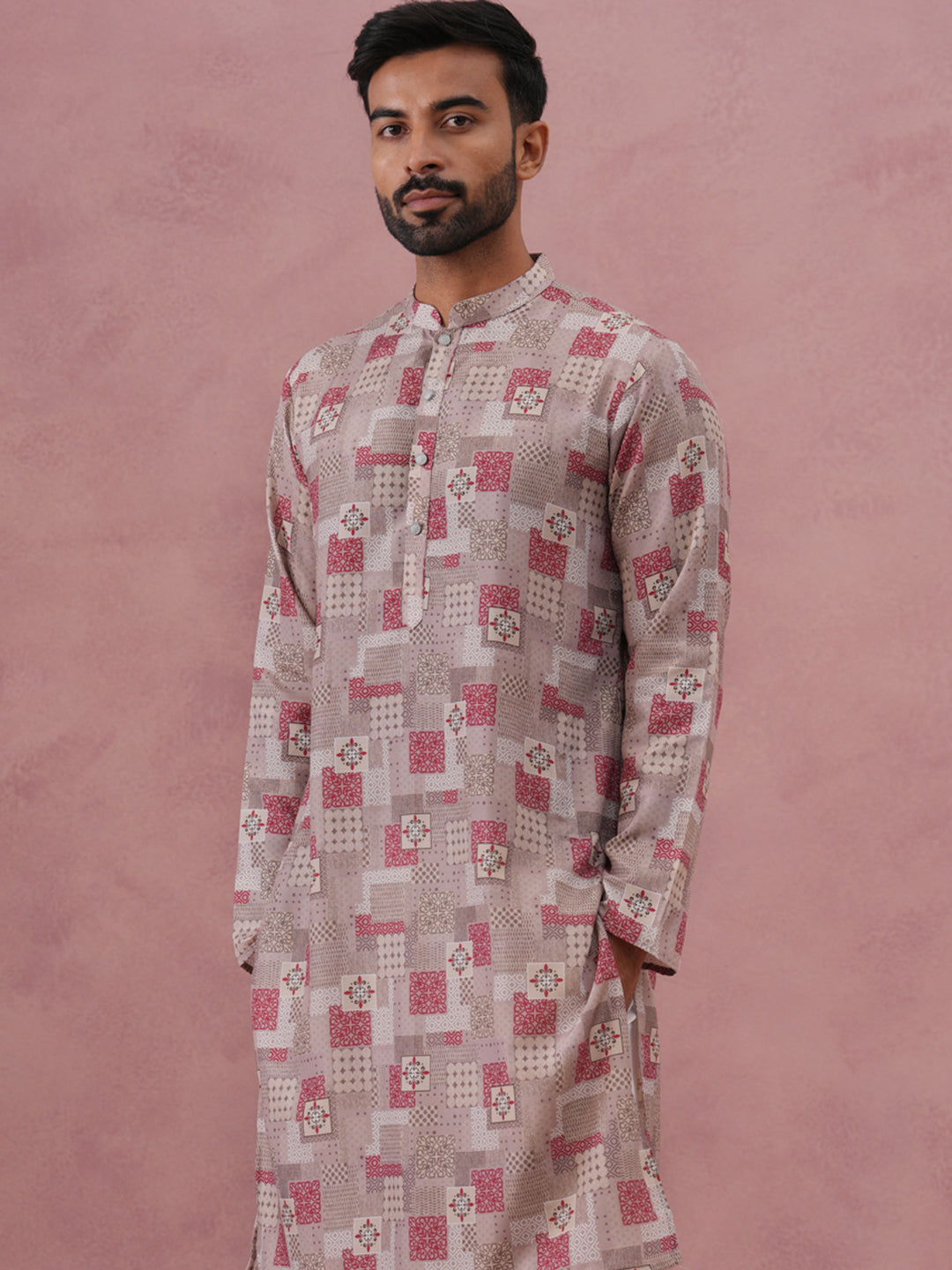 Abstract Printed Cotton Blend Kurta Pyjama (65KP P 5384 Brown ) [FF] [A-1-4]