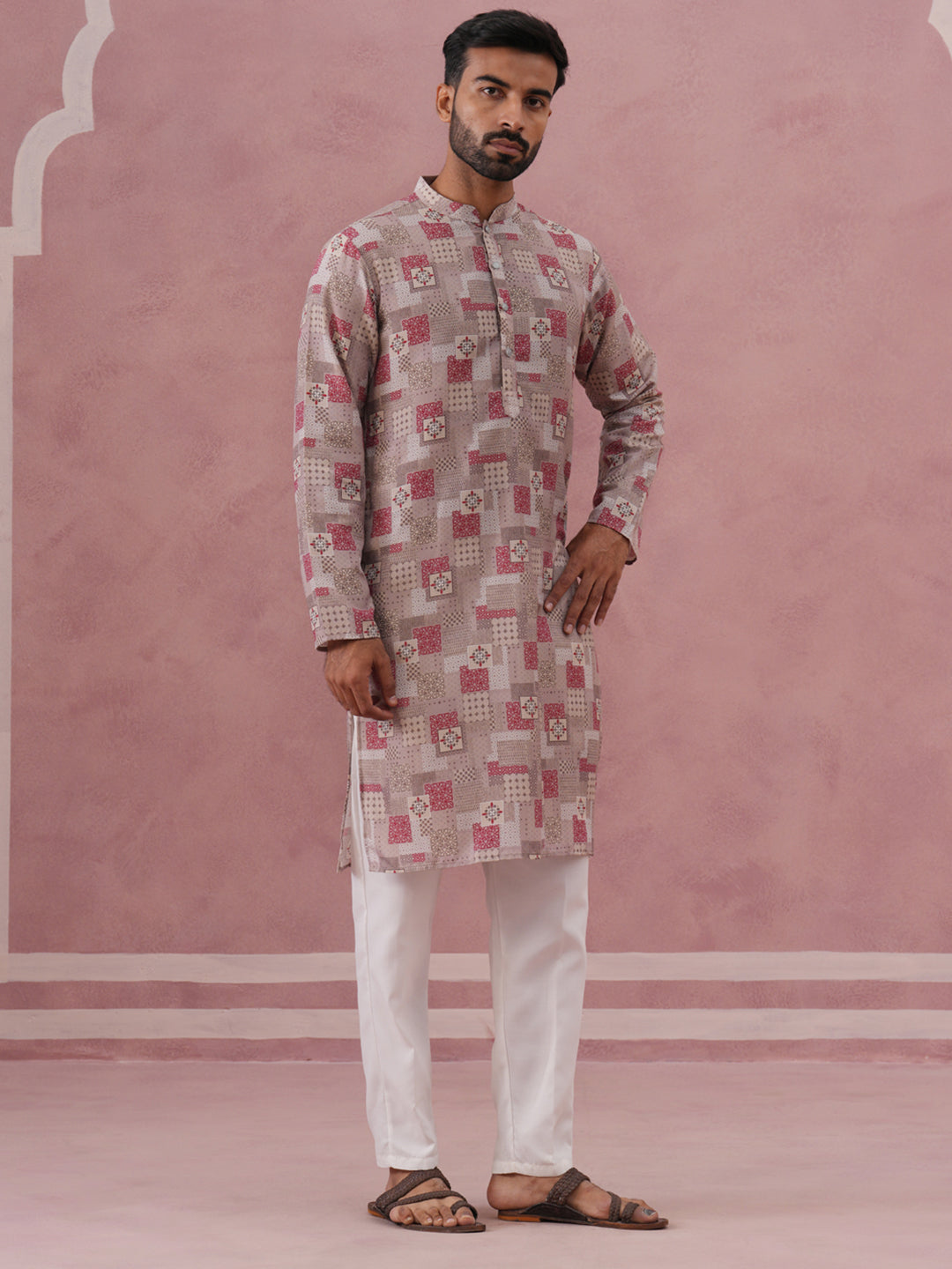 Abstract Printed Cotton Blend Kurta Pyjama (65KP P 5384 Brown ) [FF] [A-1-4]