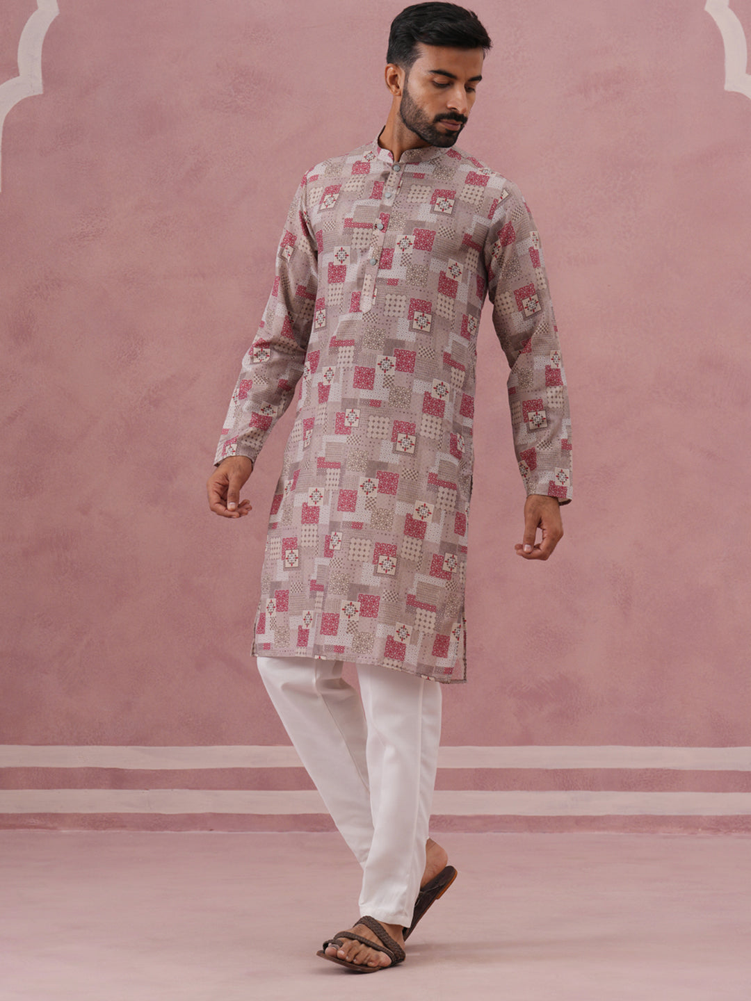 Abstract Printed Cotton Blend Kurta Pyjama (65KP P 5384 Brown ) [FF] [A-1-4]