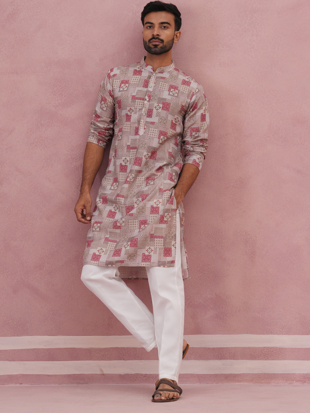 Abstract Printed Cotton Blend Kurta Pyjama (65KP P 5384 Brown ) [FF] [A-1-4]