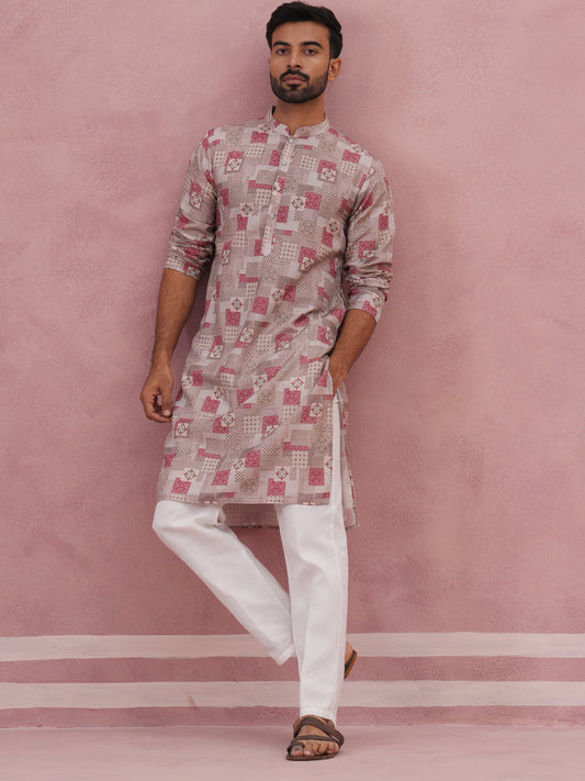 Abstract Printed Cotton Blend Kurta Pyjama (65KP P 5384 Brown ) [FF] [A-1-4]