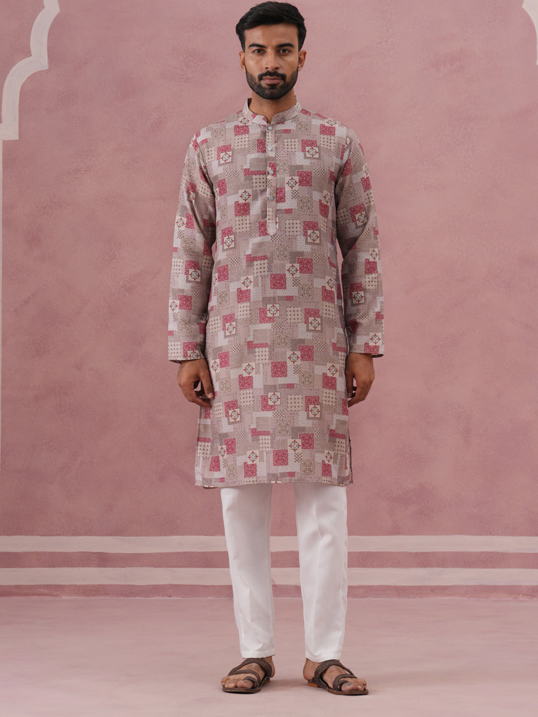 Abstract Printed Cotton Blend Kurta Pyjama (65KP P 5384 Brown ) [FF] [A-1-4]