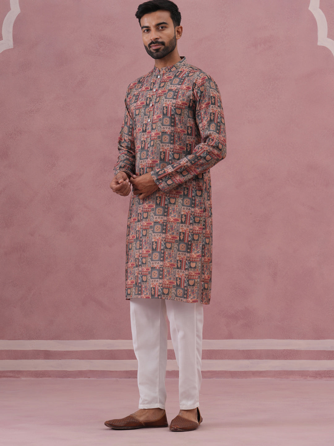 Abstract Printed Cotton Blend Kurta Pyjama (65KP P 5384 Grey ) [FF] [A-1-4]