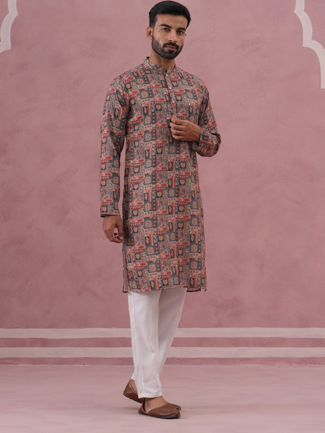 Abstract Printed Cotton Blend Kurta Pyjama (65KP P 5384 Grey ) [FF] [A-1-4]