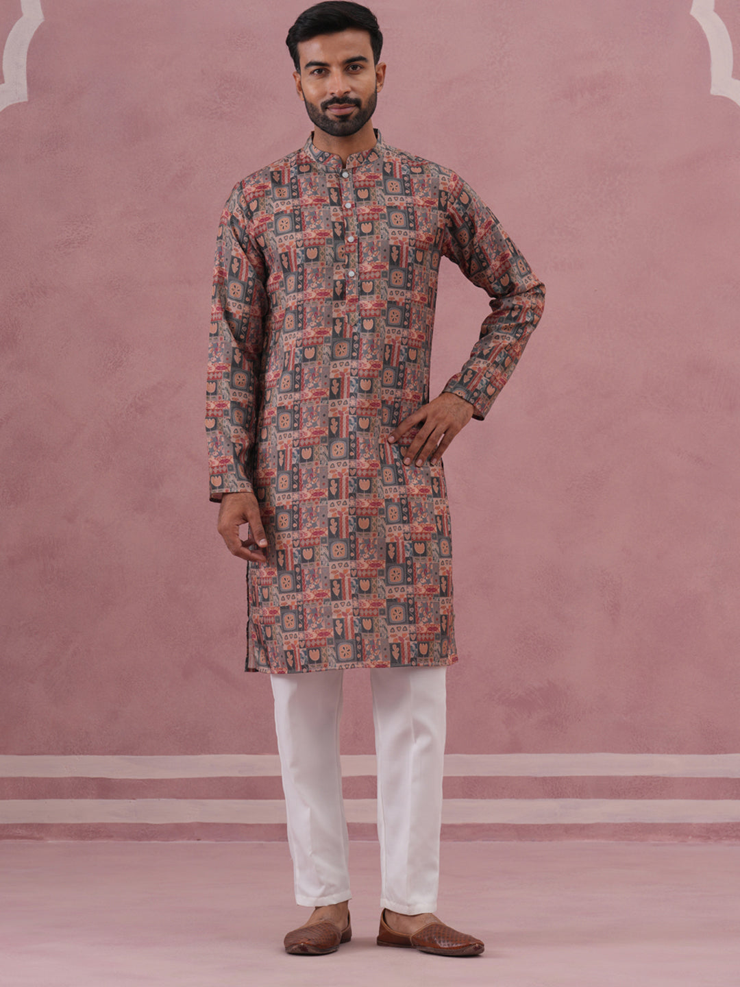 Abstract Printed Cotton Blend Kurta Pyjama (65KP P 5384 Grey ) [FF] [A-1-4]