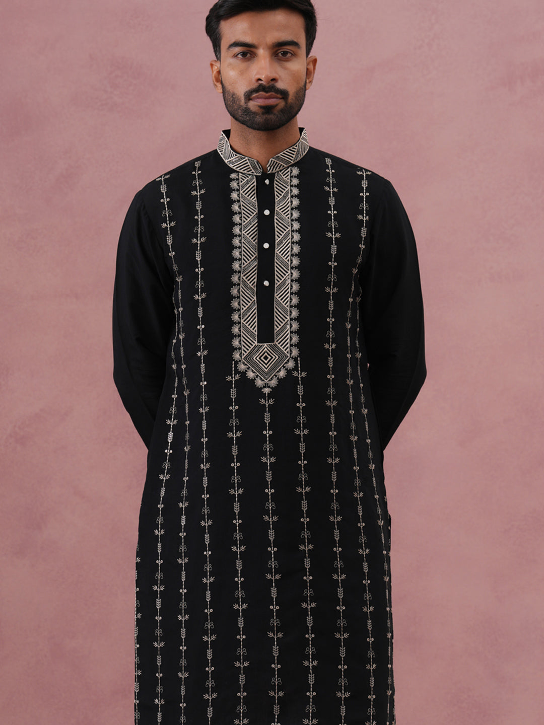 Black Silk Blend Kurta Set with Off White Geometric Embroidery (65KP P 5385 Black ) [FF] [A-1-4]