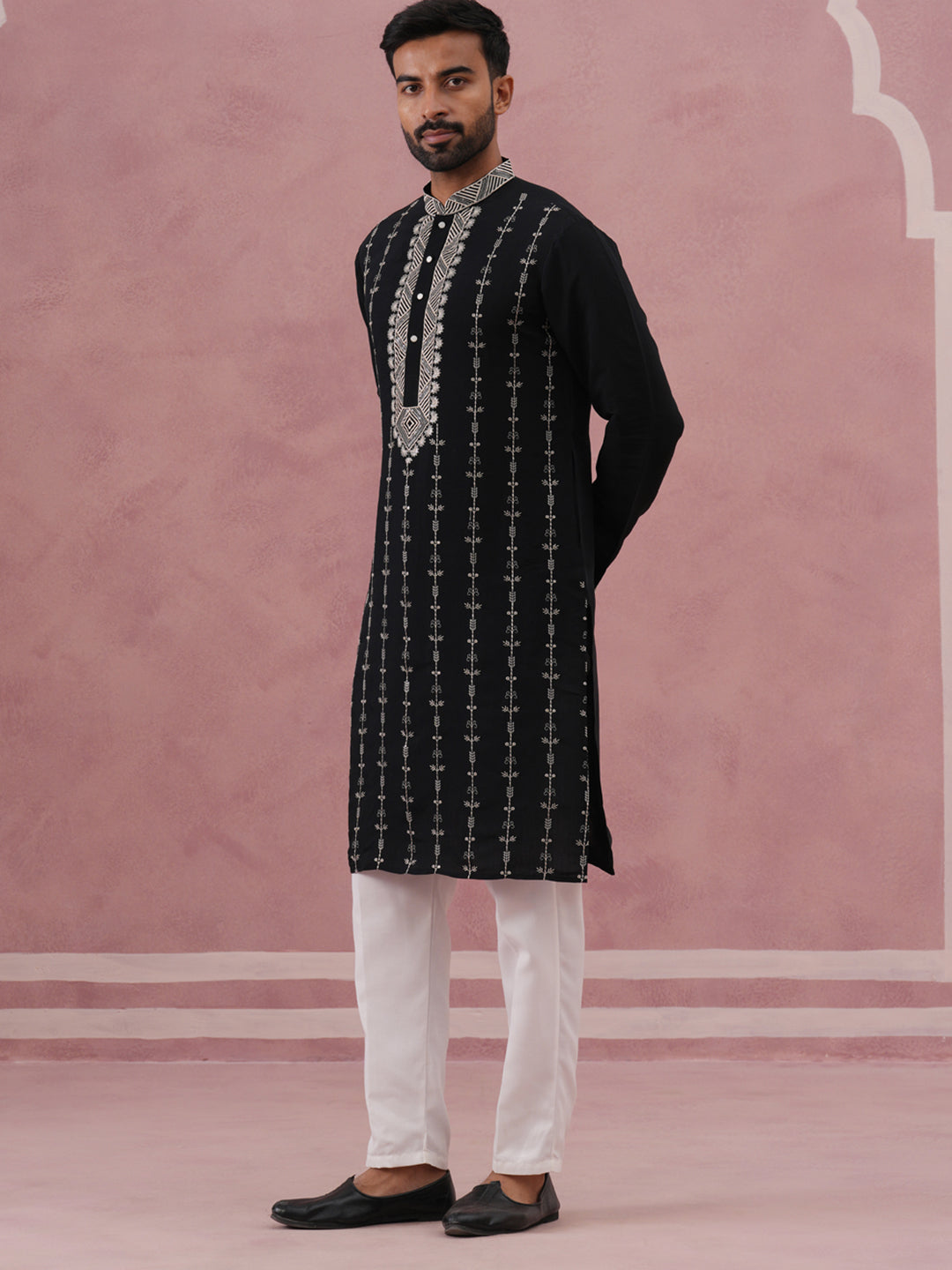 Black Silk Blend Kurta Set with Off White Geometric Embroidery (65KP P 5385 Black ) [FF] [A-1-4]
