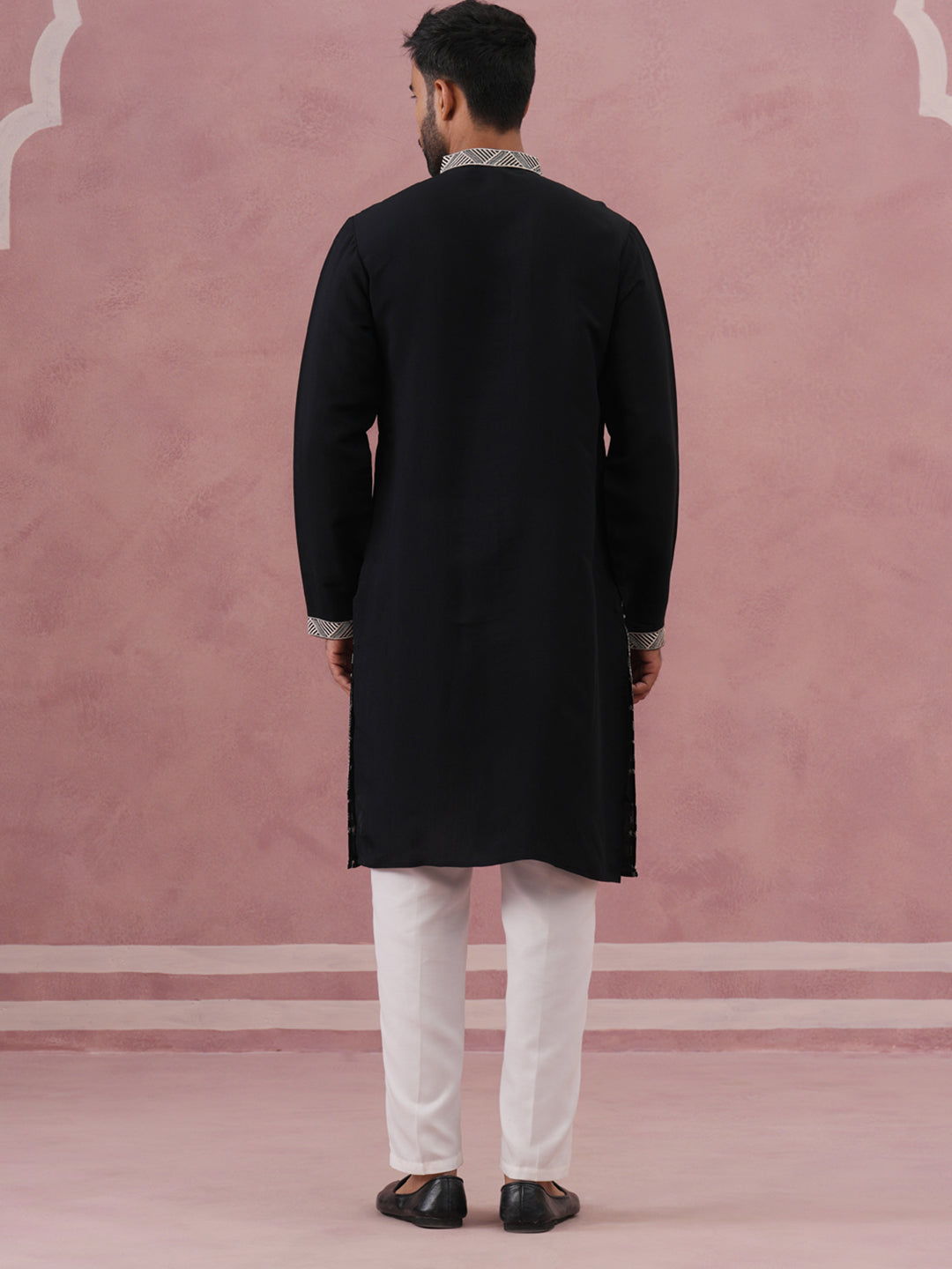 Black Silk Blend Kurta Set with Off White Geometric Embroidery (65KP P 5385 Black ) [FF] [A-1-4]