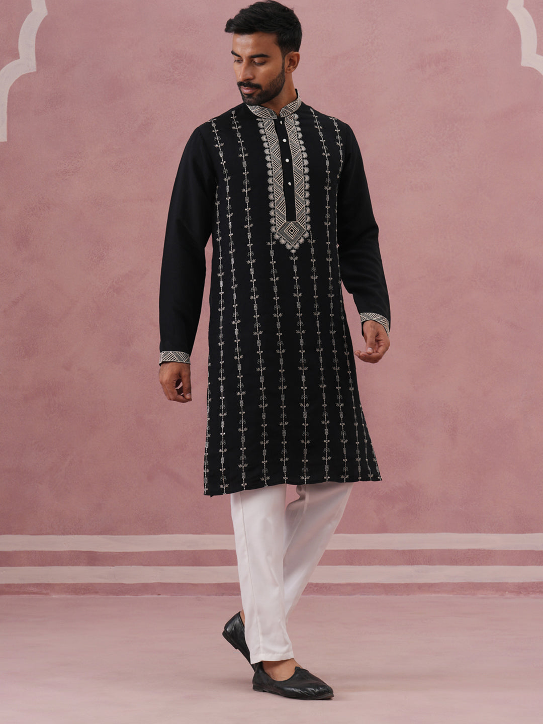 Black Silk Blend Kurta Set with Off White Geometric Embroidery (65KP P 5385 Black ) [FF] [A-1-4]