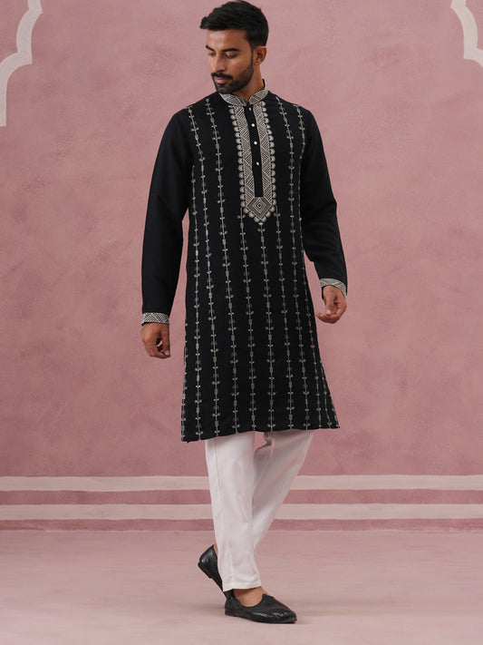 Black Silk Blend Kurta Set with Off White Geometric Embroidery (65KP P 5385 Black ) [FF] [A-1-4]