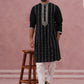 Black Silk Blend Kurta Set with Off White Geometric Embroidery (65KP P 5385 Black ) [FF] [A-1-4]