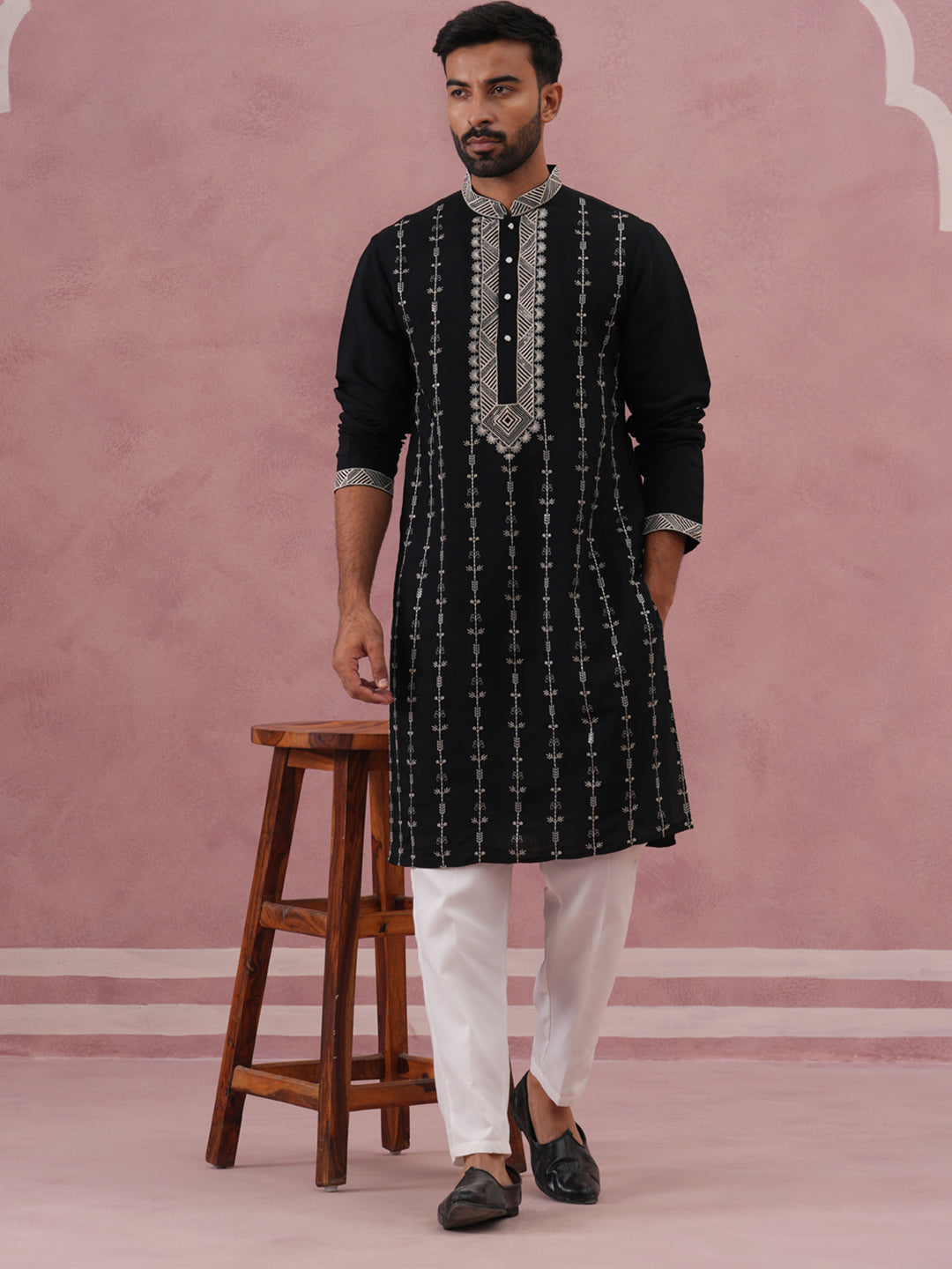 Black Silk Blend Kurta Set with Off White Geometric Embroidery (65KP P 5385 Black ) [FF] [A-1-4]