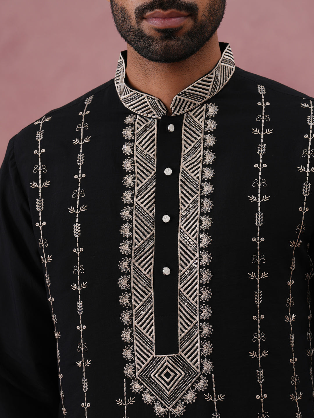 Black Silk Blend Kurta Set with Off White Geometric Embroidery (65KP P 5385 Black ) [FF] [A-1-4]