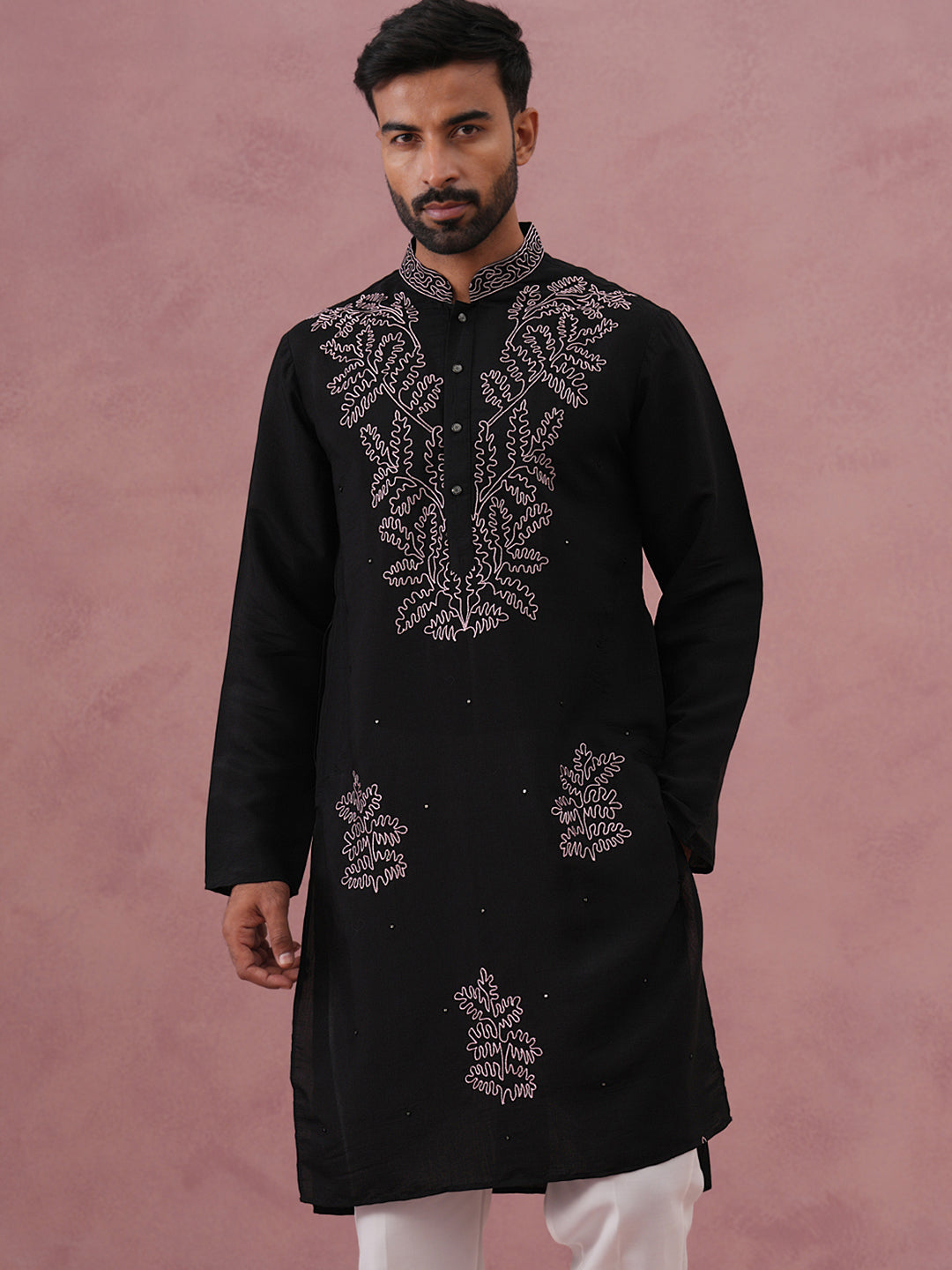 Black Silk Blend Embroidered Kurta Pyjama Set (65KP P 5386 Black ) [FF] [A-1-4]