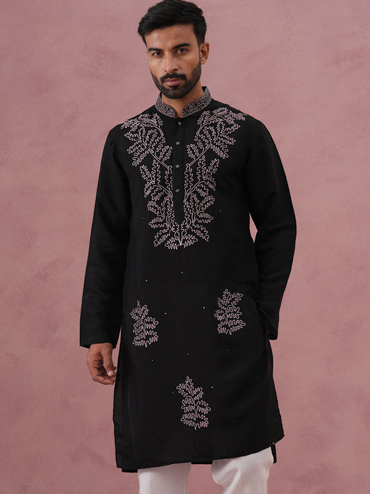 Black Silk Blend Embroidered Kurta Pyjama Set (65KP P 5386 Black ) [FF] [A-1-4]