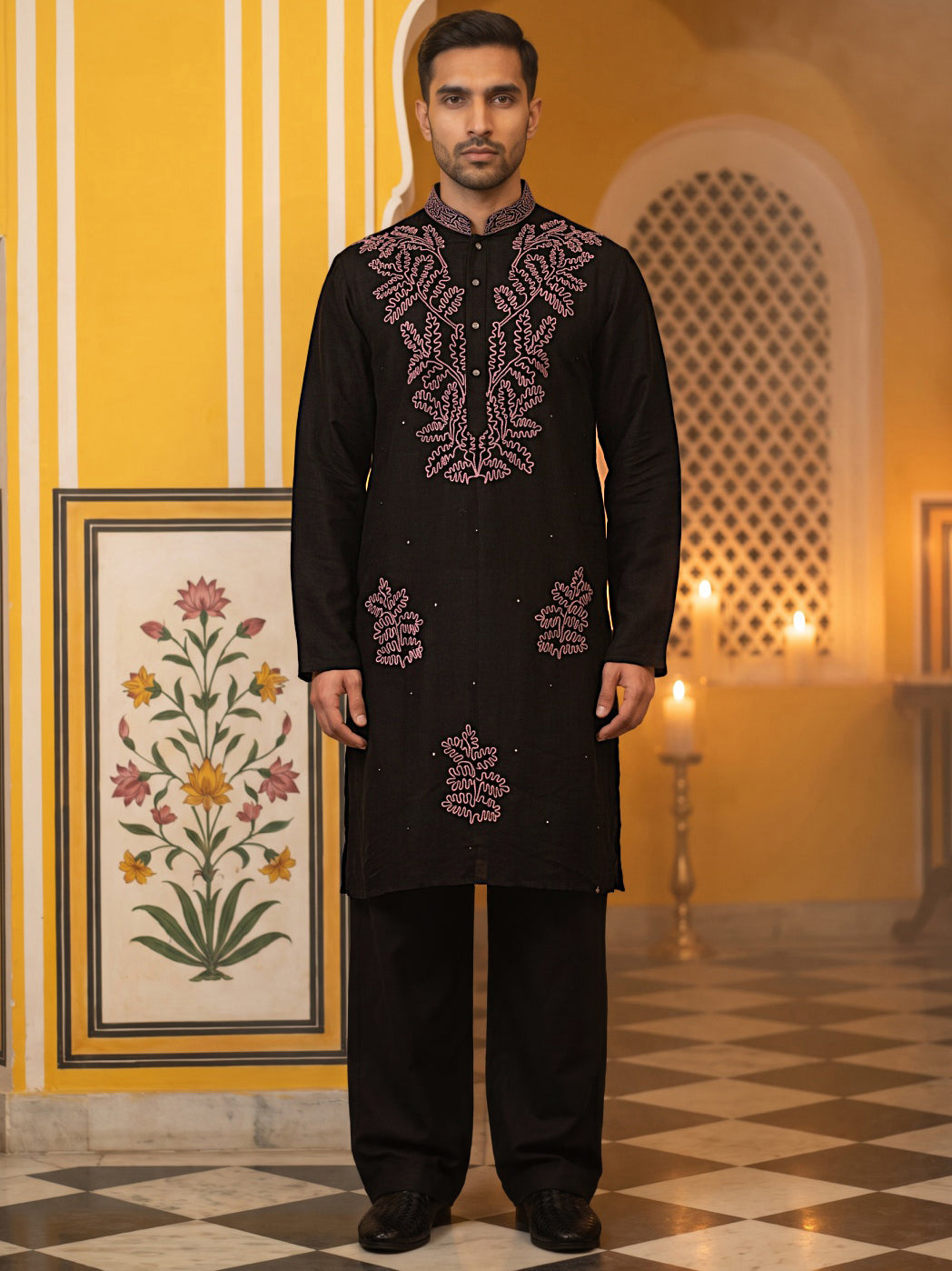 Black Silk Blend Embroidered Kurta With Korean Pants ( 65KP PJ11B 5386Black )