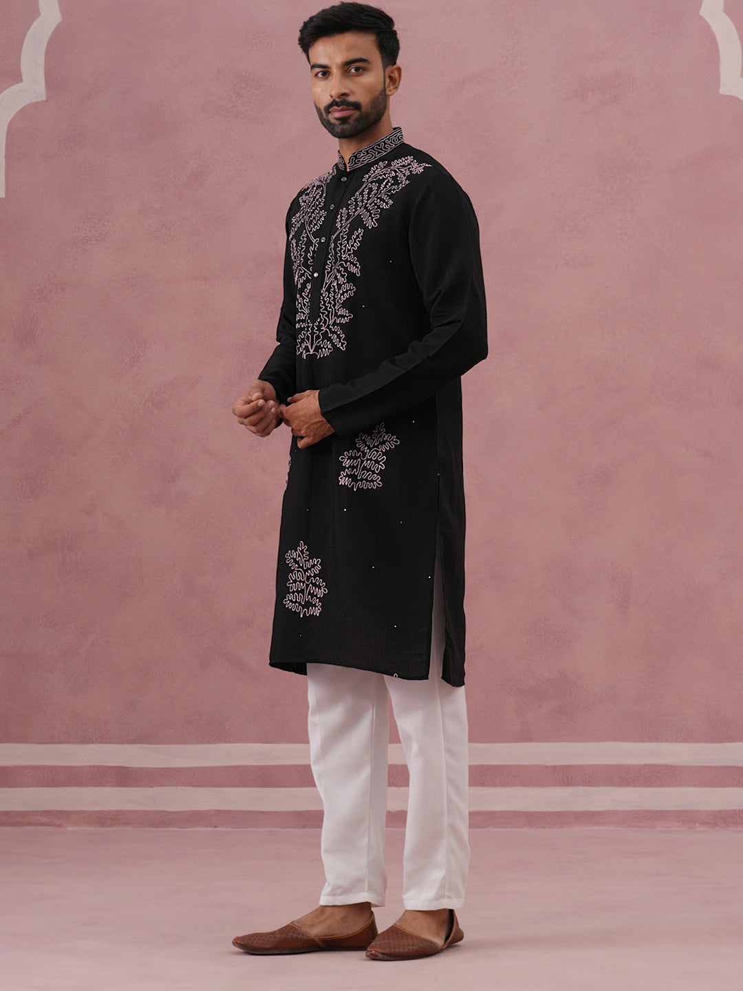 Black Silk Blend Embroidered Kurta Pyjama Set (65KP P 5386 Black ) [FF] [A-1-4]