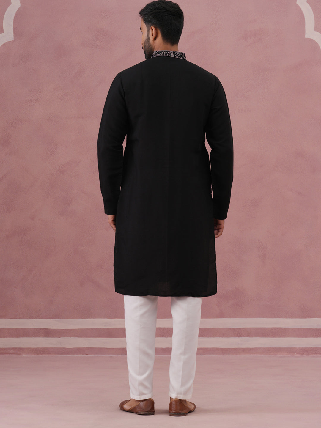 Black Silk Blend Embroidered Kurta Pyjama Set (65KP P 5386 Black ) [FF] [A-1-4]