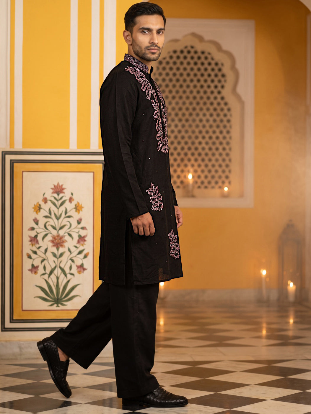 Black Silk Blend Embroidered Kurta With Korean Pants ( 65KP PJ11B 5386Black )