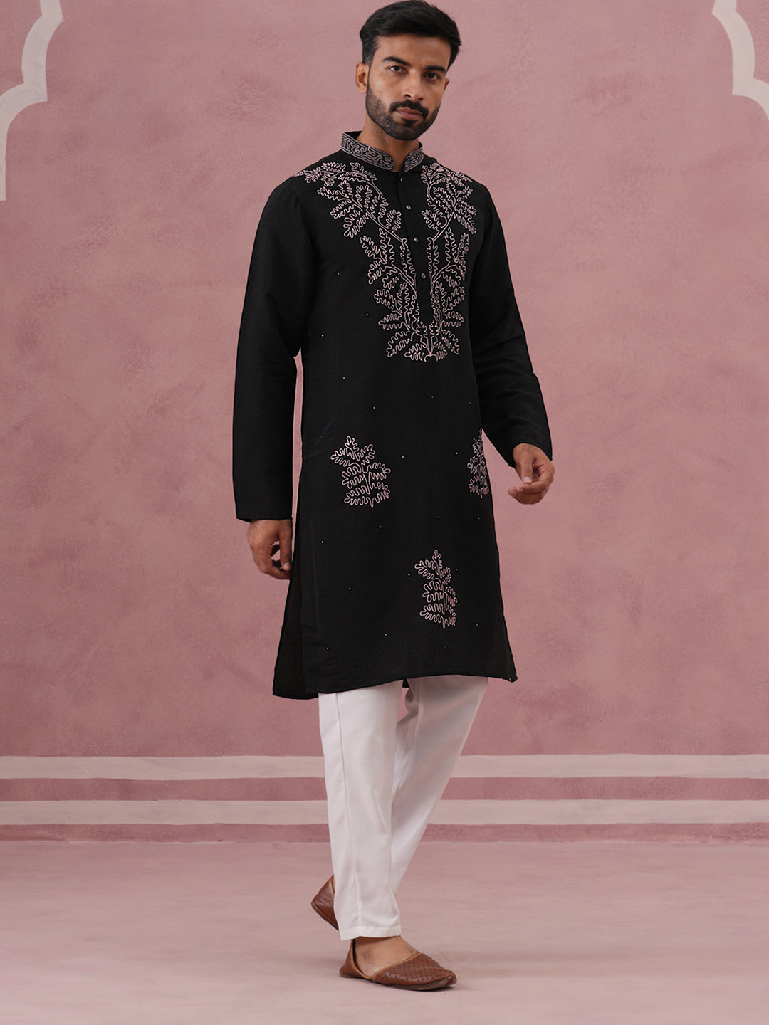 Black Silk Blend Embroidered Kurta Pyjama Set (65KP P 5386 Black ) [FF] [A-1-4]