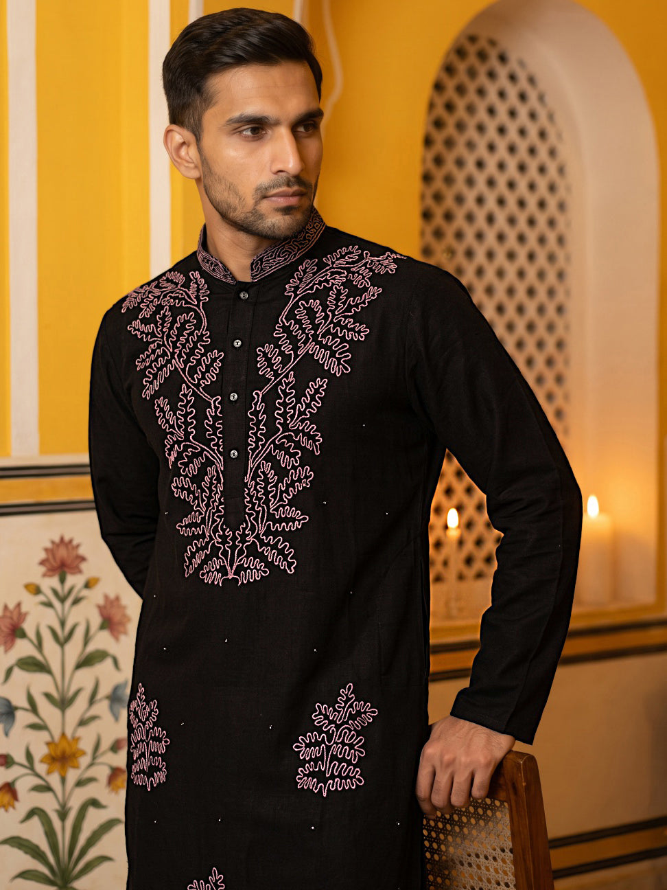Black Silk Blend Embroidered Kurta With Korean Pants ( 65KP PJ11B 5386Black )