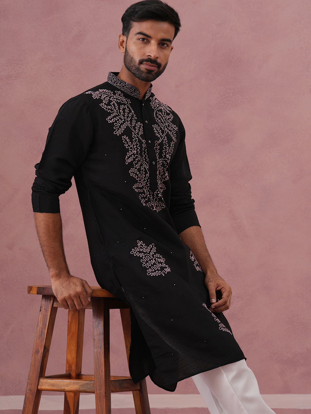 Black Silk Blend Embroidered Kurta Pyjama Set (65KP P 5386 Black ) [FF] [A-1-4]