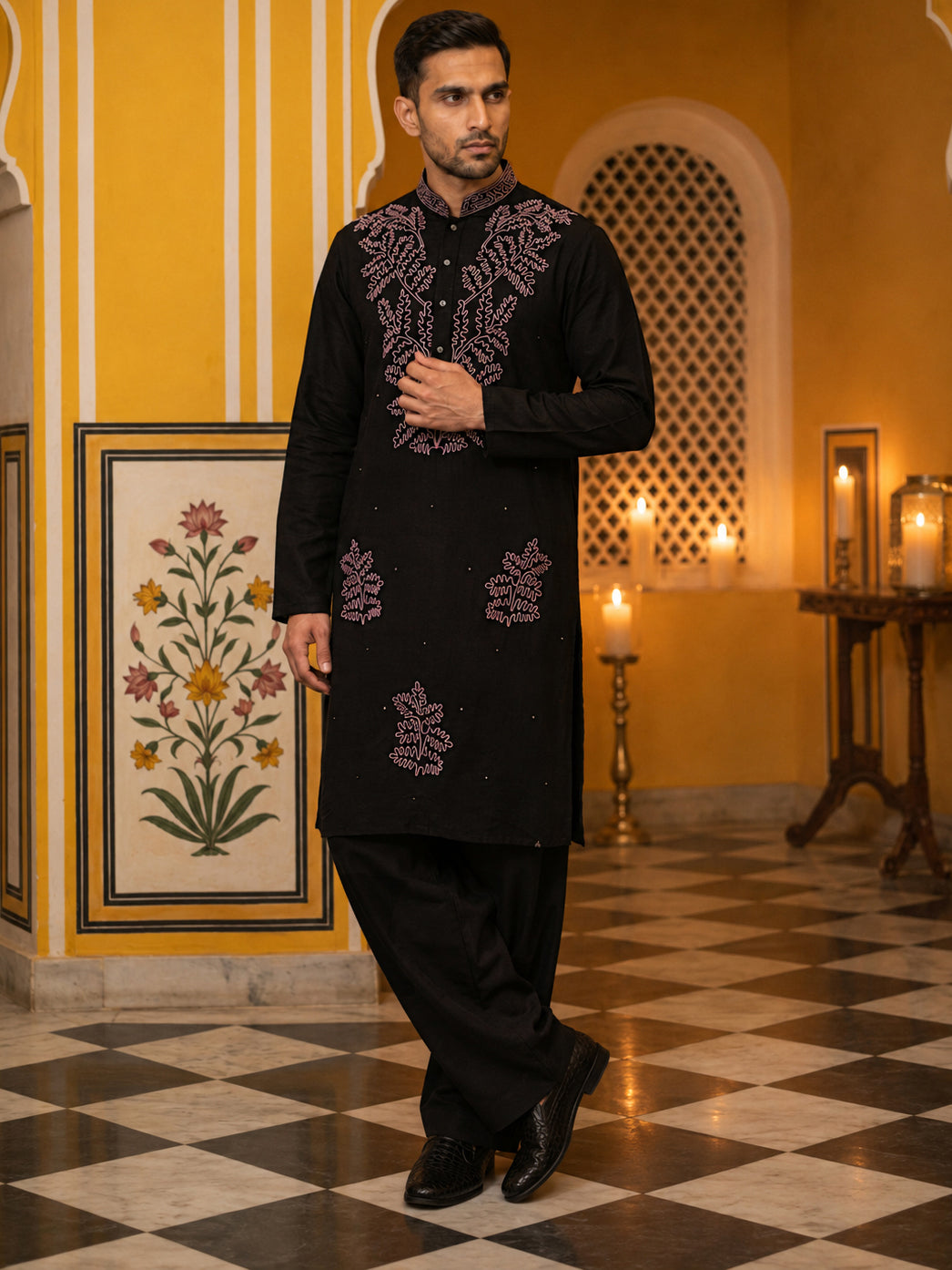 Black Silk Blend Embroidered Kurta With Korean Pants ( 65KP PJ11B 5386Black )