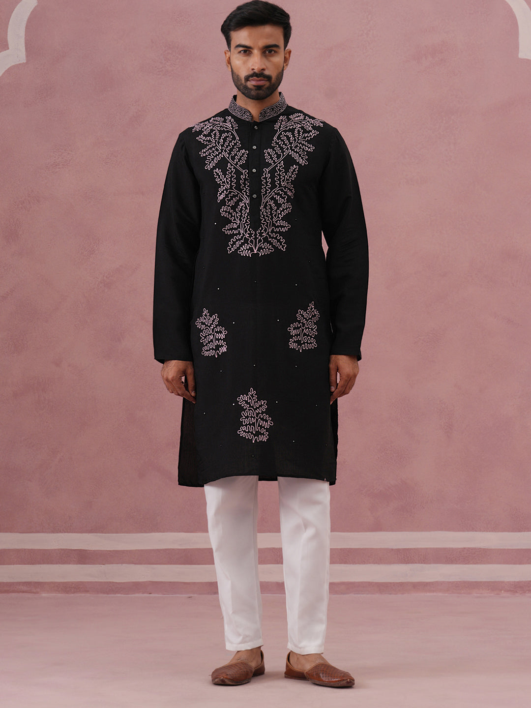 Black Silk Blend Embroidered Kurta Pyjama Set (65KP P 5386 Black ) [FF] [A-1-4]