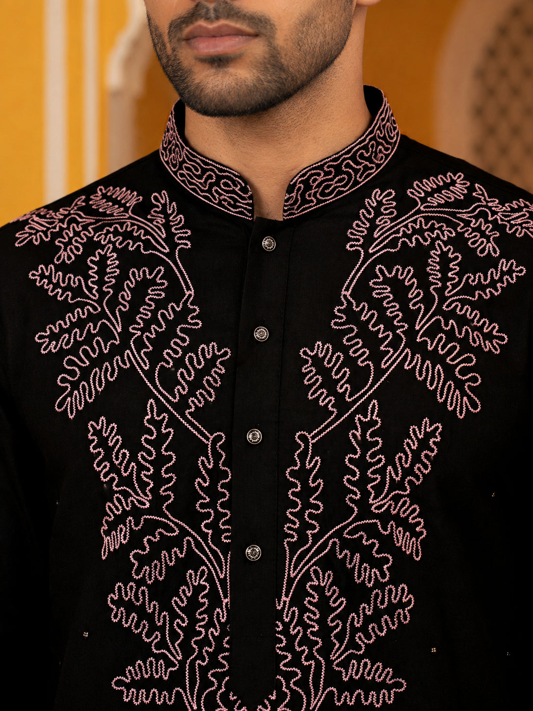 Black Silk Blend Embroidered Kurta With Korean Pants ( 65KP PJ11B 5386Black )