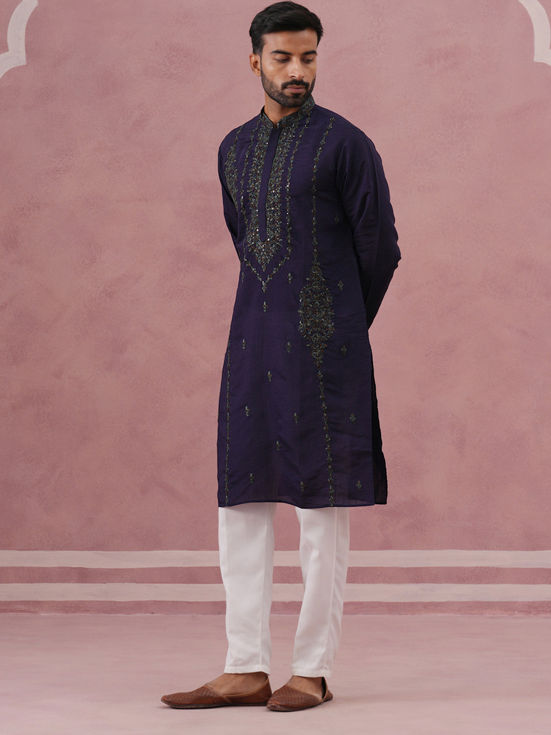 Navy Blue Silk Blend Embroidered Kurta Pyjama Set ( 65KP P 5387 P 5387Navy ) [FF] [J-1]