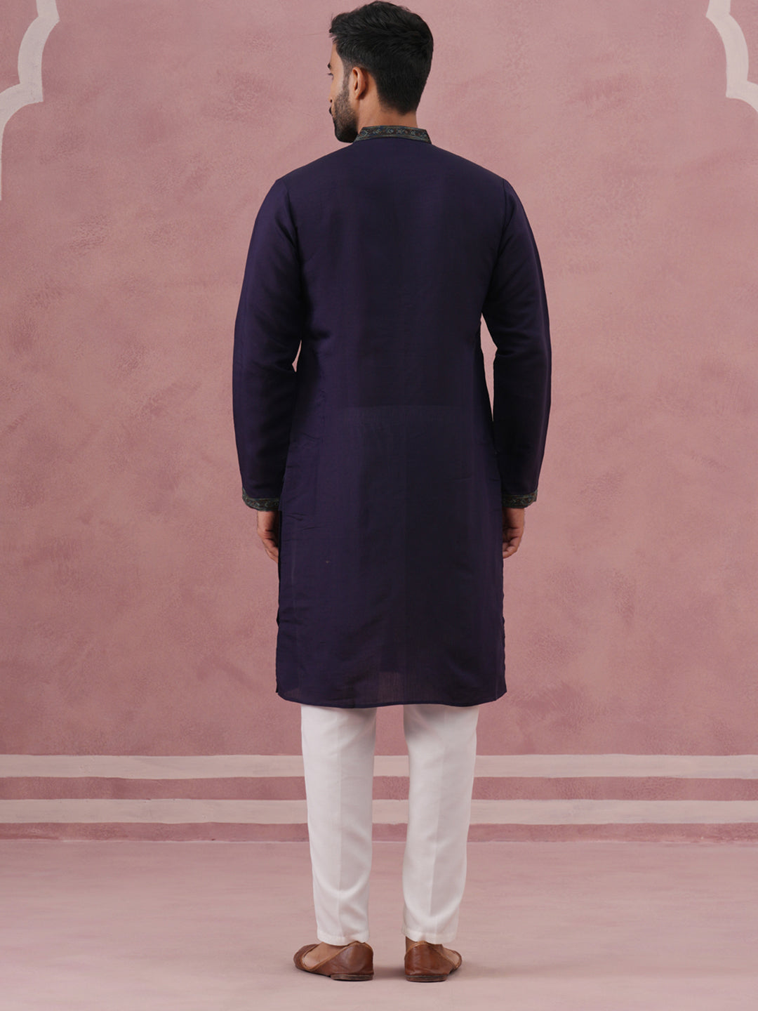 Navy Blue Silk Blend Embroidered Kurta Pyjama Set ( 65KP P 5387 P 5387Navy ) [FF] [J-1]