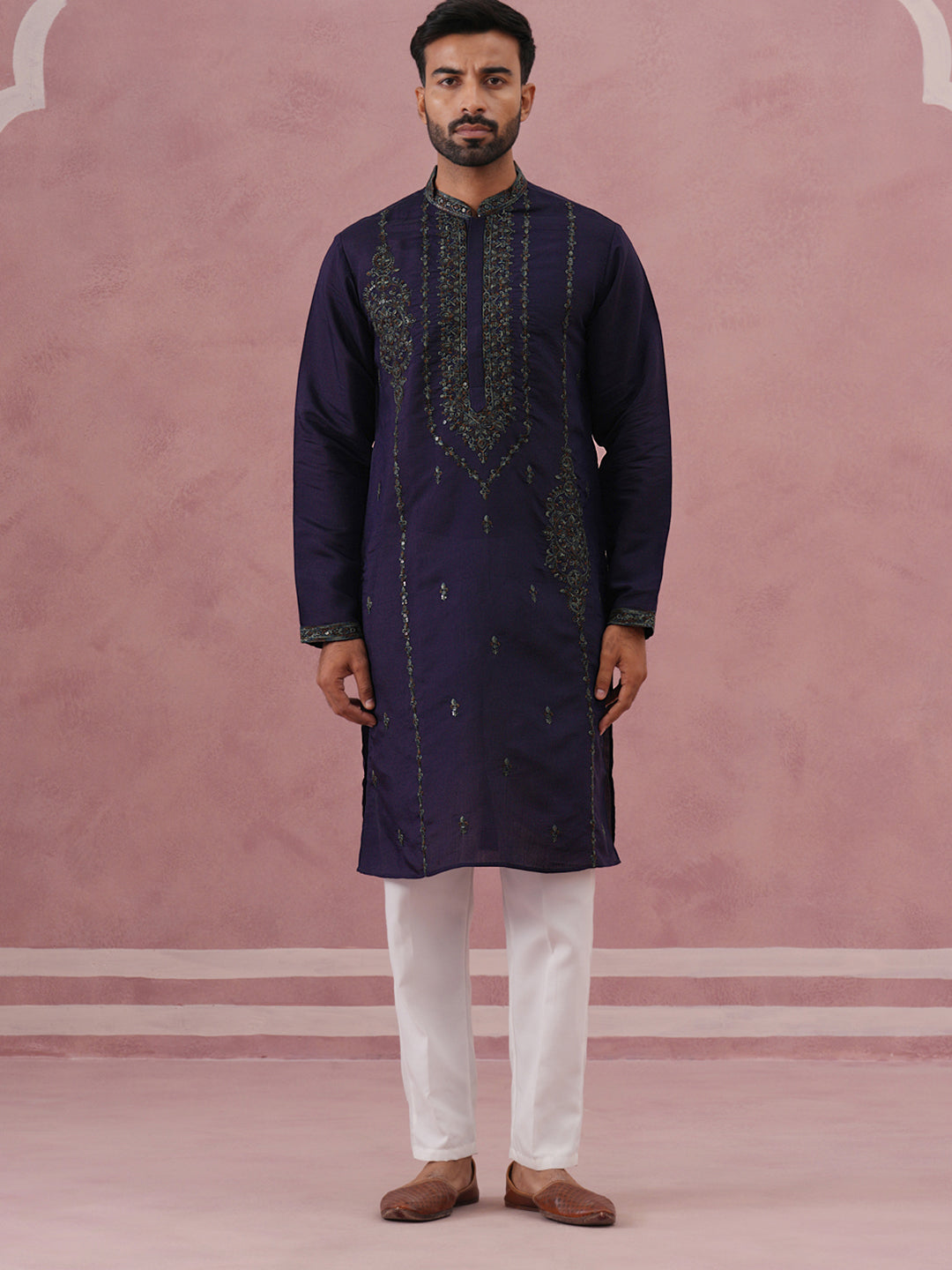 Navy Blue Silk Blend Embroidered Kurta Pyjama Set ( 65KP P 5387 P 5387Navy ) [FF] [J-1]