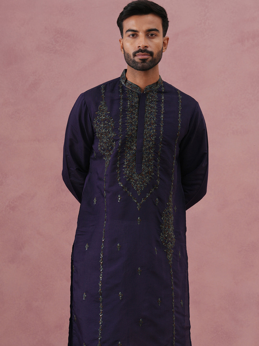Navy Blue Silk Blend Embroidered Kurta Pyjama Set ( 65KP P 5387 P 5387Navy ) [FF] [J-1]